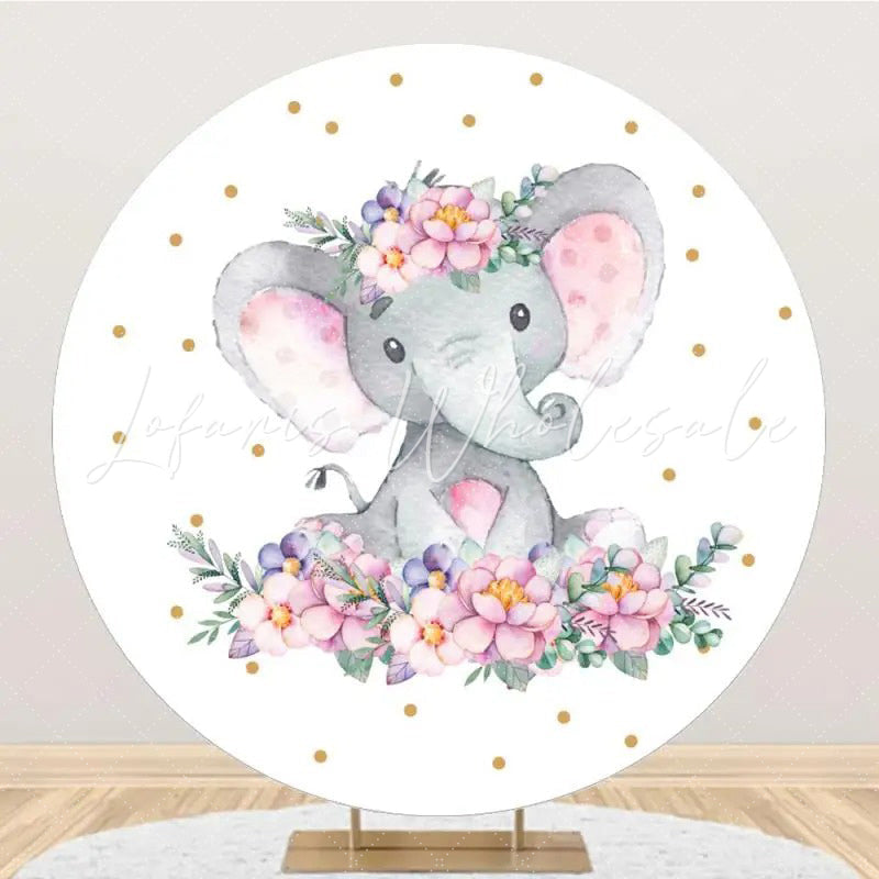 Lofaris Pink Elephant Floral Dots Round Baby Shower Backdrop