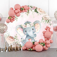 Lofaris Pink Elephant Wreath Floral Round Baby Shower Backdrop