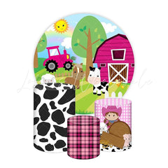 Pink Farm Themed Round Backdrop and Cylinders Kit for Parties