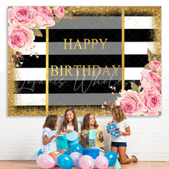 Lofaris Pink Fioral And Gold Glitter Happy Birthday Backdrop
