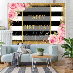 Lofaris Pink Fioral And Gold Glitter Happy Birthday Backdrop