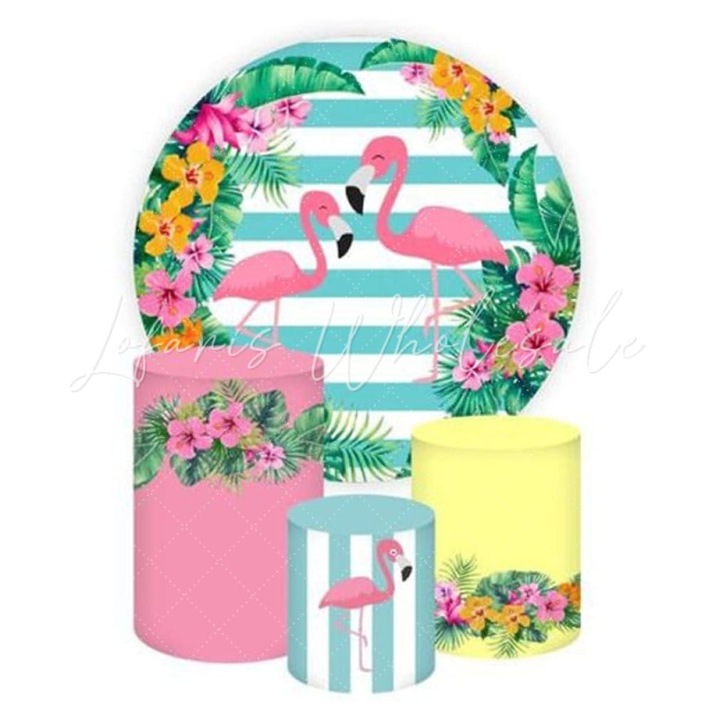 Pink Flamingo Round Backdrop and Cylinders Kit for Parties