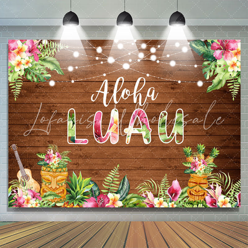 Lofaris Pink Floral Aloha Luau Brown Wood Birthday Backdrop