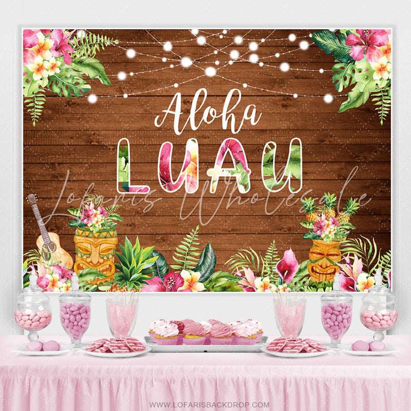 Lofaris Pink Floral Aloha Luau Brown Wood Birthday Backdrop