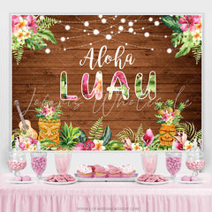 Lofaris Pink Floral Aloha Luau Brown Wood Birthday Backdrop