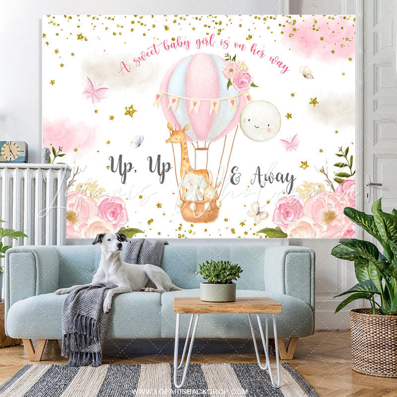 Lofaris Pink Floral And Air Balloons Girls Baby Shower Backdrop