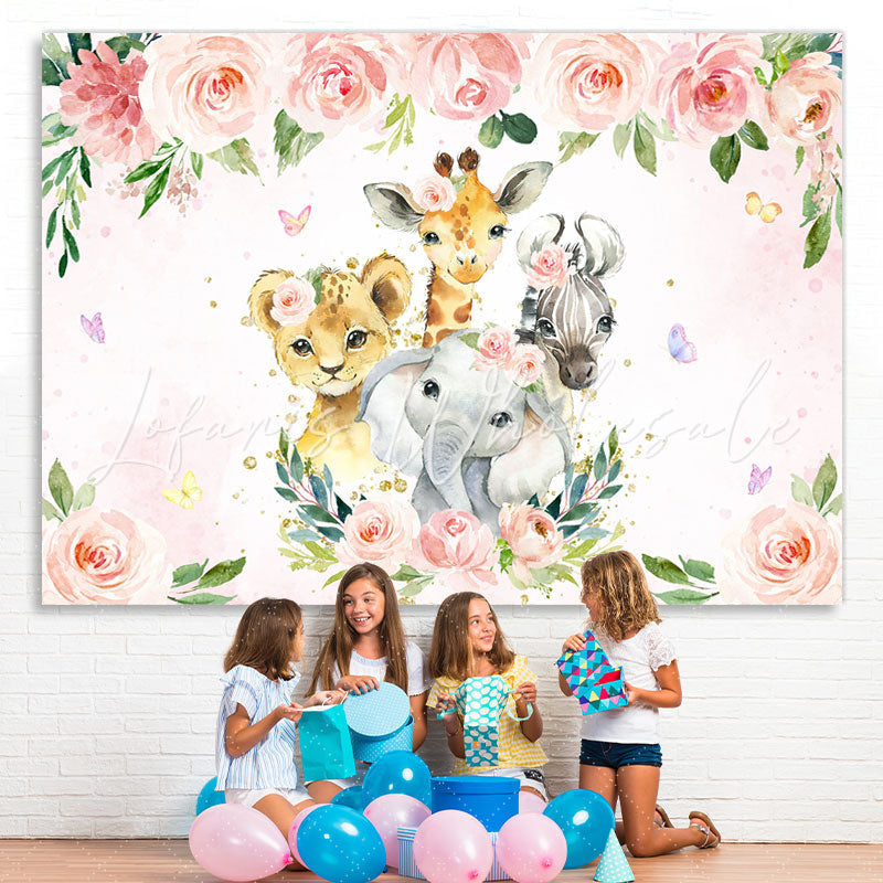 Lofaris Pink Floral and Animals Cartoon Backdrop for Kids