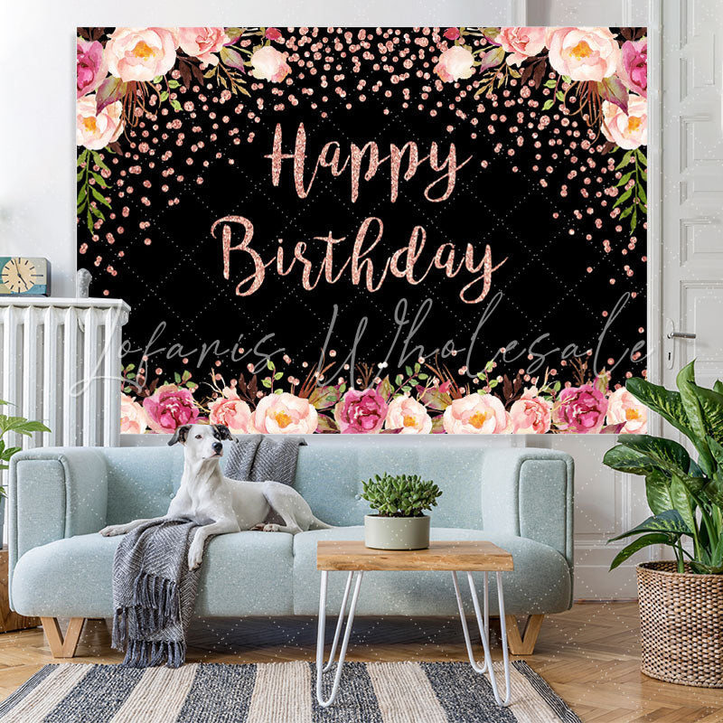 Lofaris Pink Floral And Black Bokeh Happy Birthday Backdrop