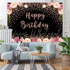 Lofaris Pink Floral And Black Bokeh Happy Birthday Backdrop