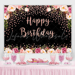 Lofaris Pink Floral And Black Bokeh Happy Birthday Backdrop