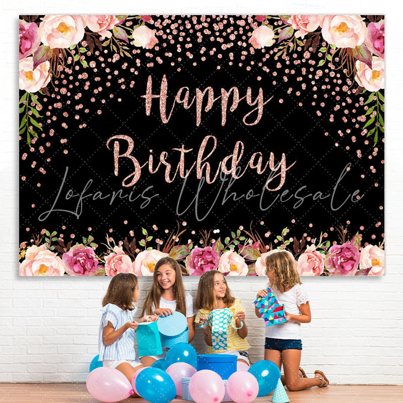 Lofaris Pink Floral And Black Bokeh Happy Birthday Backdrop