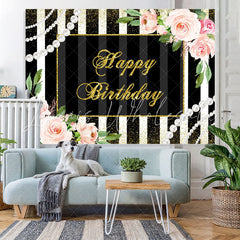 Lofaris Pink Floral And Black With White Birthday Backdrop