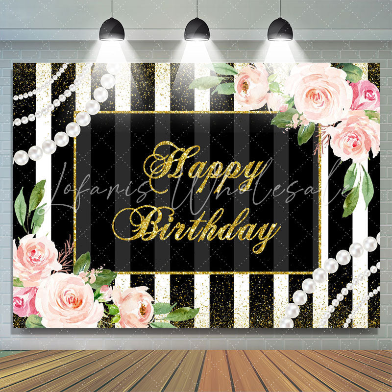 Lofaris Pink Floral And Black With White Birthday Backdrop