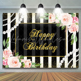 Lofaris Pink Floral And Black With White Birthday Backdrop