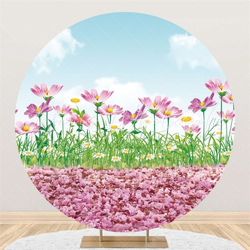 Lofaris Pink Floral And Blue Sky Round Baby Shower Backdrop