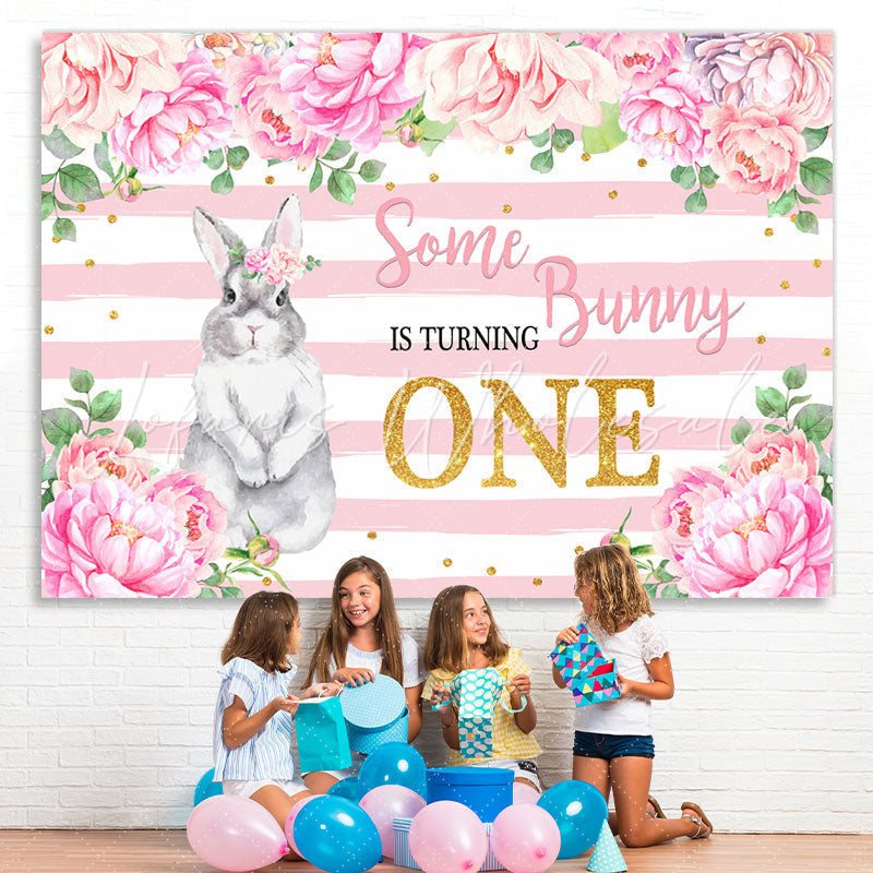 Lofaris Pink Floral And Bunny Is Turning One Birthday Backdrop