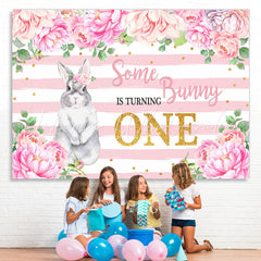 Lofaris Pink Floral And Bunny Is Turning One Birthday Backdrop