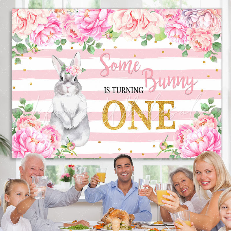 Lofaris Pink Floral And Bunny Is Turning One Birthday Backdrop