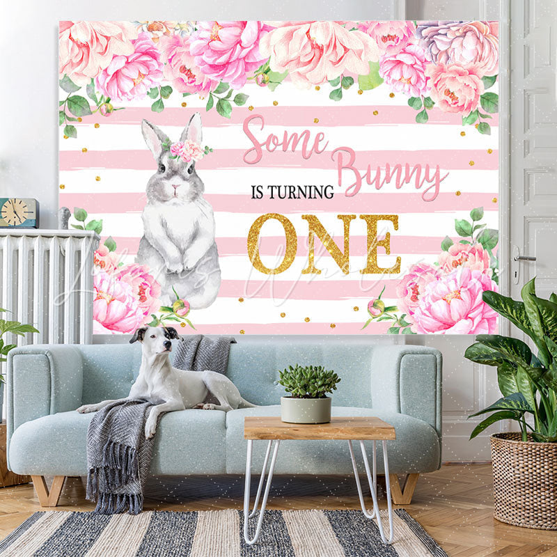 Lofaris Pink Floral And Bunny Is Turning One Birthday Backdrop