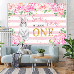 Lofaris Pink Floral And Bunny Is Turning One Birthday Backdrop