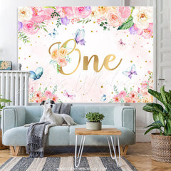 Lofaris Pink Floral And Butterfly Happy 1st Birthday Backdrop