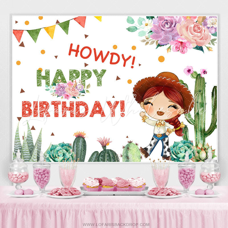 Lofaris Pink Floral And Cactus Howdy Birthday Backdrop For Cowgirl