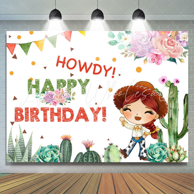 Lofaris Pink Floral And Cactus Howdy Birthday Backdrop For Cowgirl