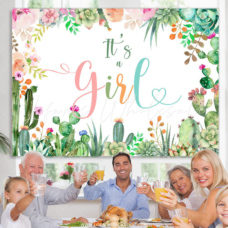 Lofaris Pink Floral And Cactus Its A Girl Baby Shower Backdrop