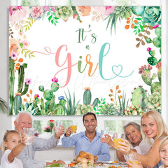 Lofaris Pink Floral And Cactus Its A Girl Baby Shower Backdrop