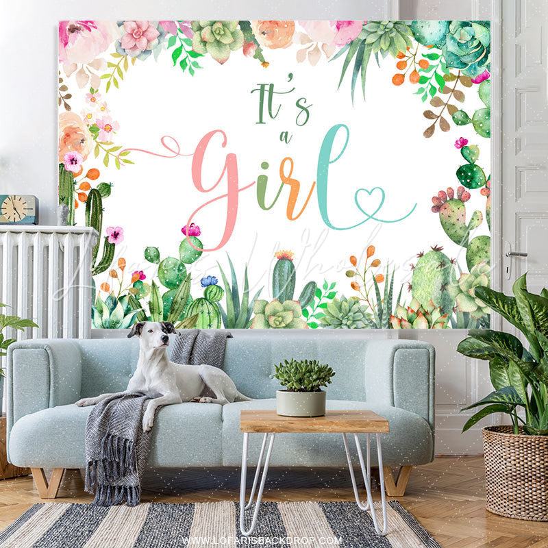 Lofaris Pink Floral And Cactus Its A Girl Baby Shower Backdrop