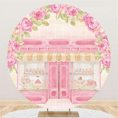 Lofaris Pink Floral And Cake Store Round Birtdhay Backdorp
