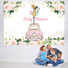 Lofaris Pink Floral And Car Baby Shower Backdrops For Girl