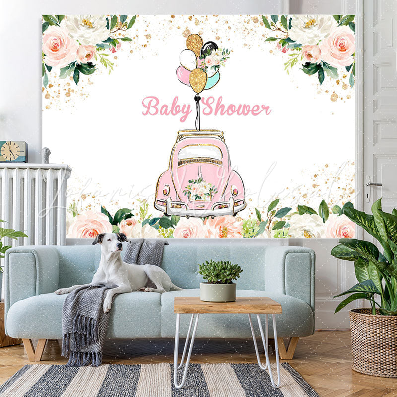 Lofaris Pink Floral And Car Baby Shower Backdrops For Girl