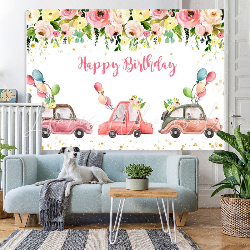 Lofaris Pink Floral And Car Party Parade Birthday Backdrop