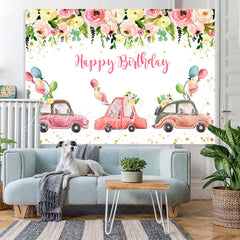 Lofaris Pink Floral And Car Party Parade Birthday Backdrop