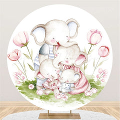 Lofaris Pink Floral And Elephant Family Round Baby Shower Backdrop