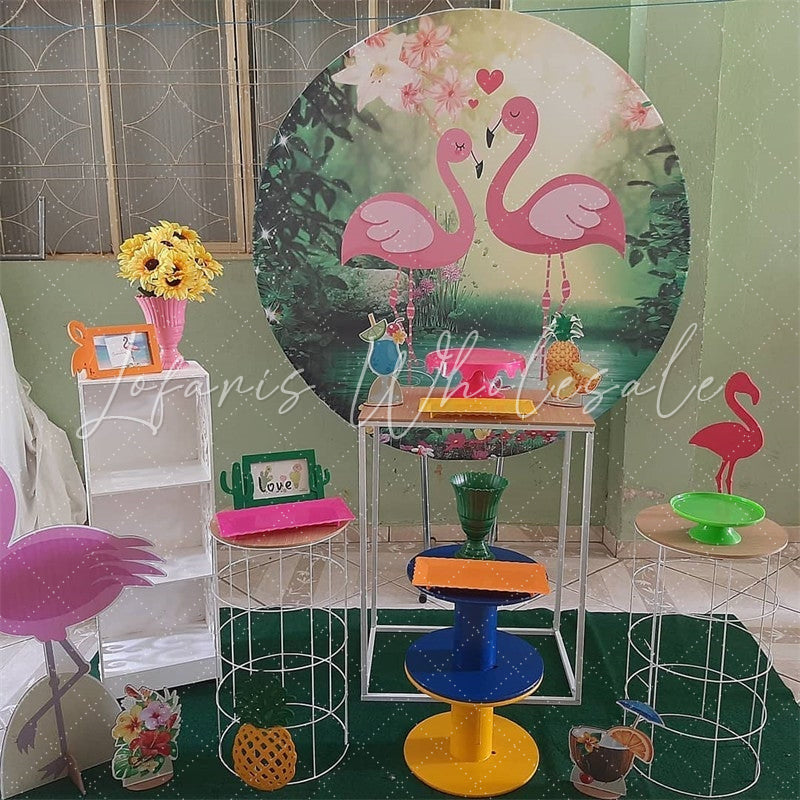 Lofaris Pink Floral And Flamingo Round Valentines Backdrop