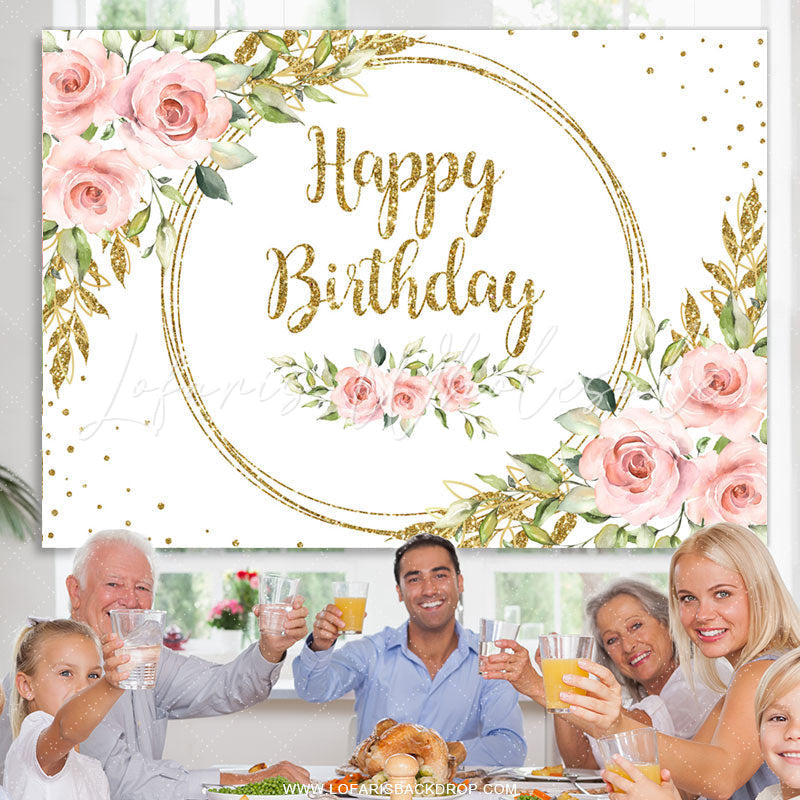 Lofaris Pink Floral And Gold Glitter White Birthday Backdrop