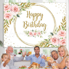 Lofaris Pink Floral And Gold Glitter White Birthday Backdrop