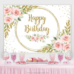 Lofaris Pink Floral And Gold Glitter White Birthday Backdrop