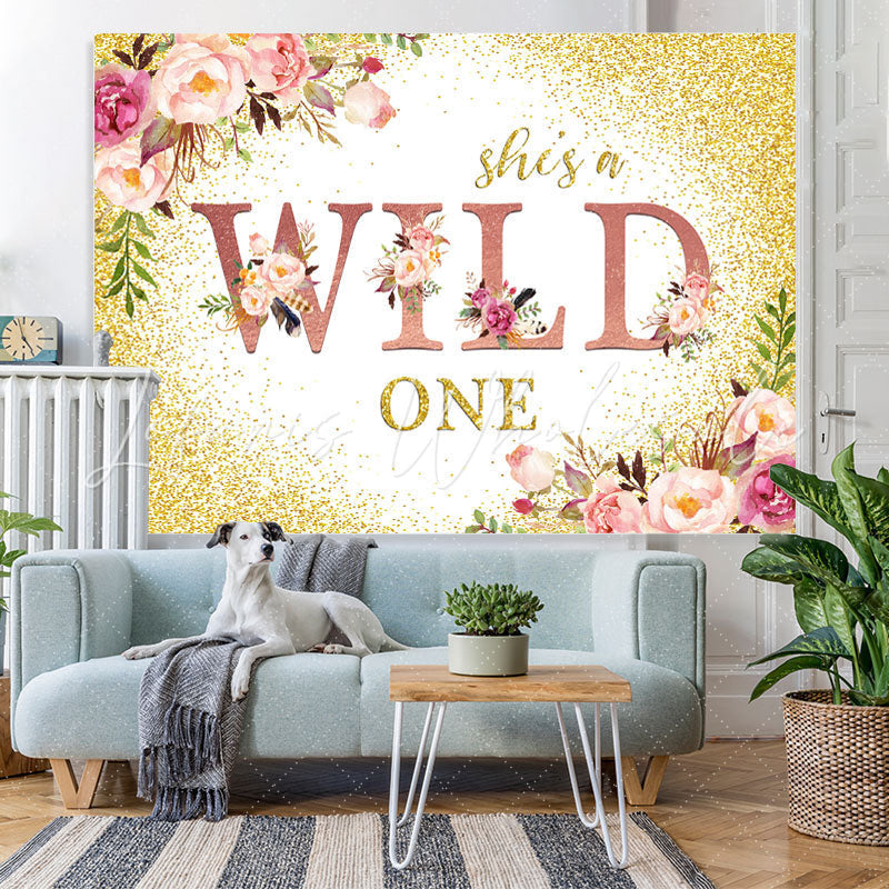 Lofaris Pink Floral And Gold Glitter Wild One Birthday Backdrop