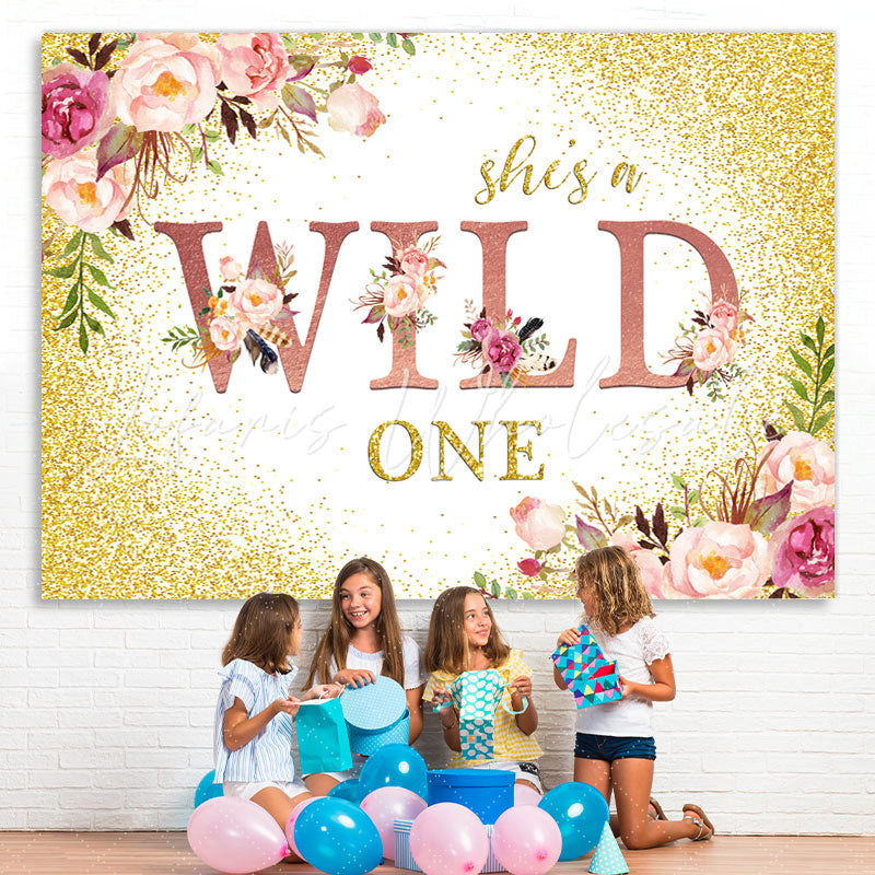 Lofaris Pink Floral And Gold Glitter Wild One Birthday Backdrop