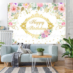 Lofaris Pink Floral And Gold Happy Birthday Backdrop Banner
