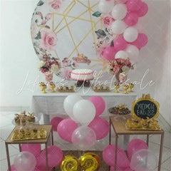 Lofaris Pink Floral And Gold Stripes Round Birthday Backdrop