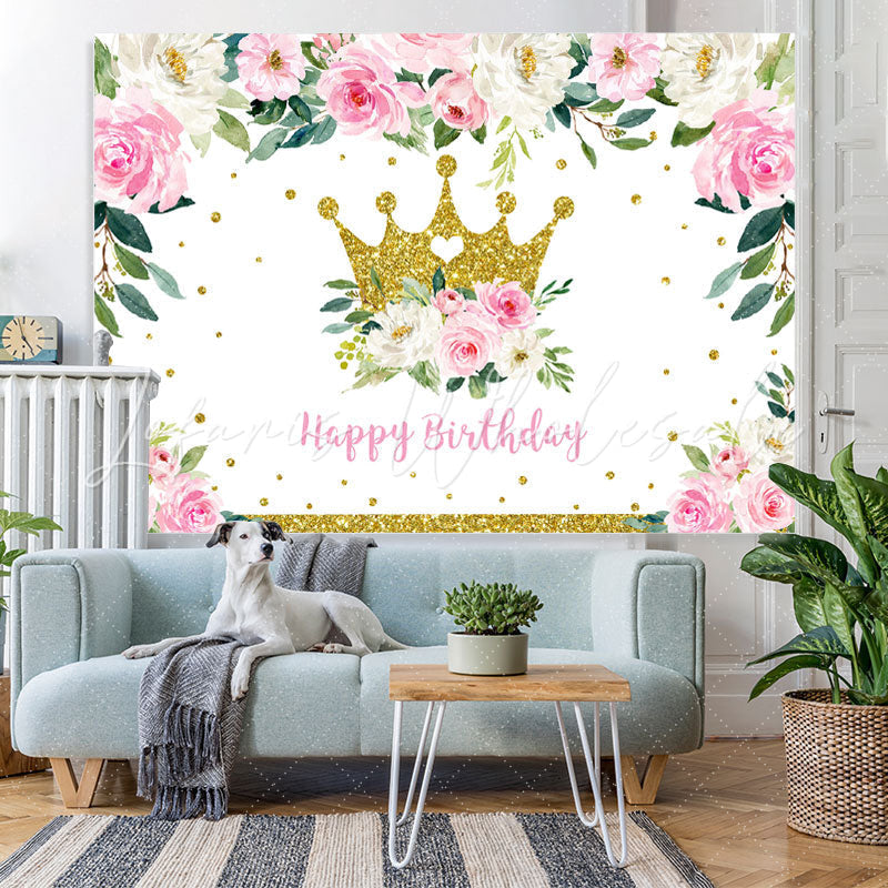 Lofaris Pink Floral and Golden Crown Happy Backdrop for Girl