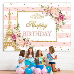 Lofaris Pink Floral And Golden Glitter Birthday Party Backdrop