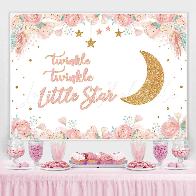 Lofaris Pink Floral And Golden Moon Stars Backdrop For Children
