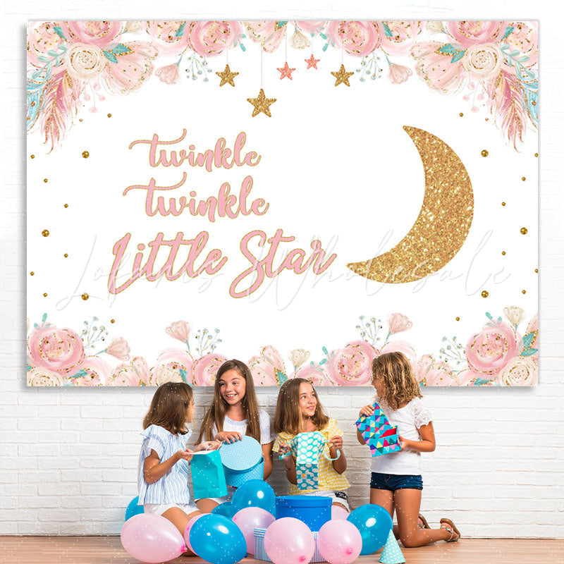 Lofaris Pink Floral And Golden Moon Stars Backdrop For Children