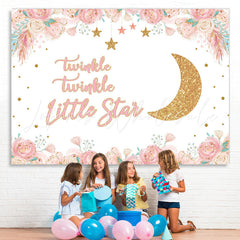 Lofaris Pink Floral And Golden Moon Stars Backdrop For Children