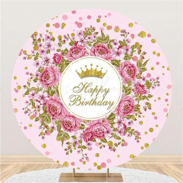Lofaris Pink Floral And Golden Round Happy Birthday Backdrop